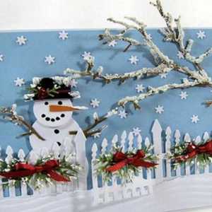 Aplicația "Om de zăpadă" din hârtie, tesatura, vată de bumbac și detalii tricotate